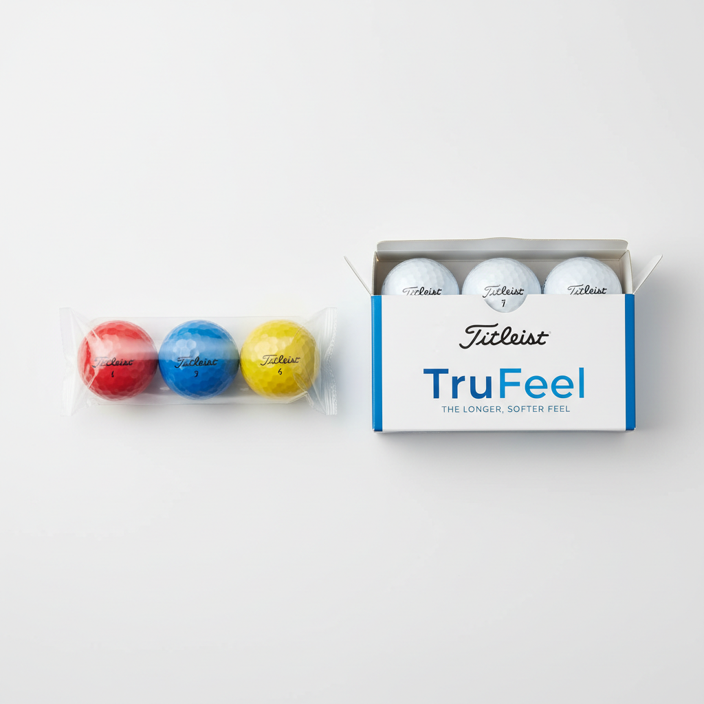 Titleist TruFeel colored golf ball sleeve and box flat lay