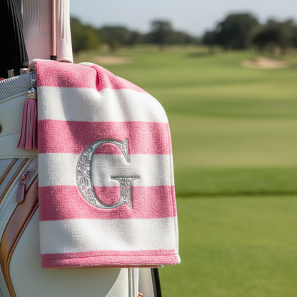 Birdie women's golf towel on golf bag on course