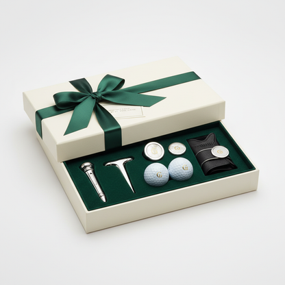 Golf accessories set in elegant gift box with ribbon