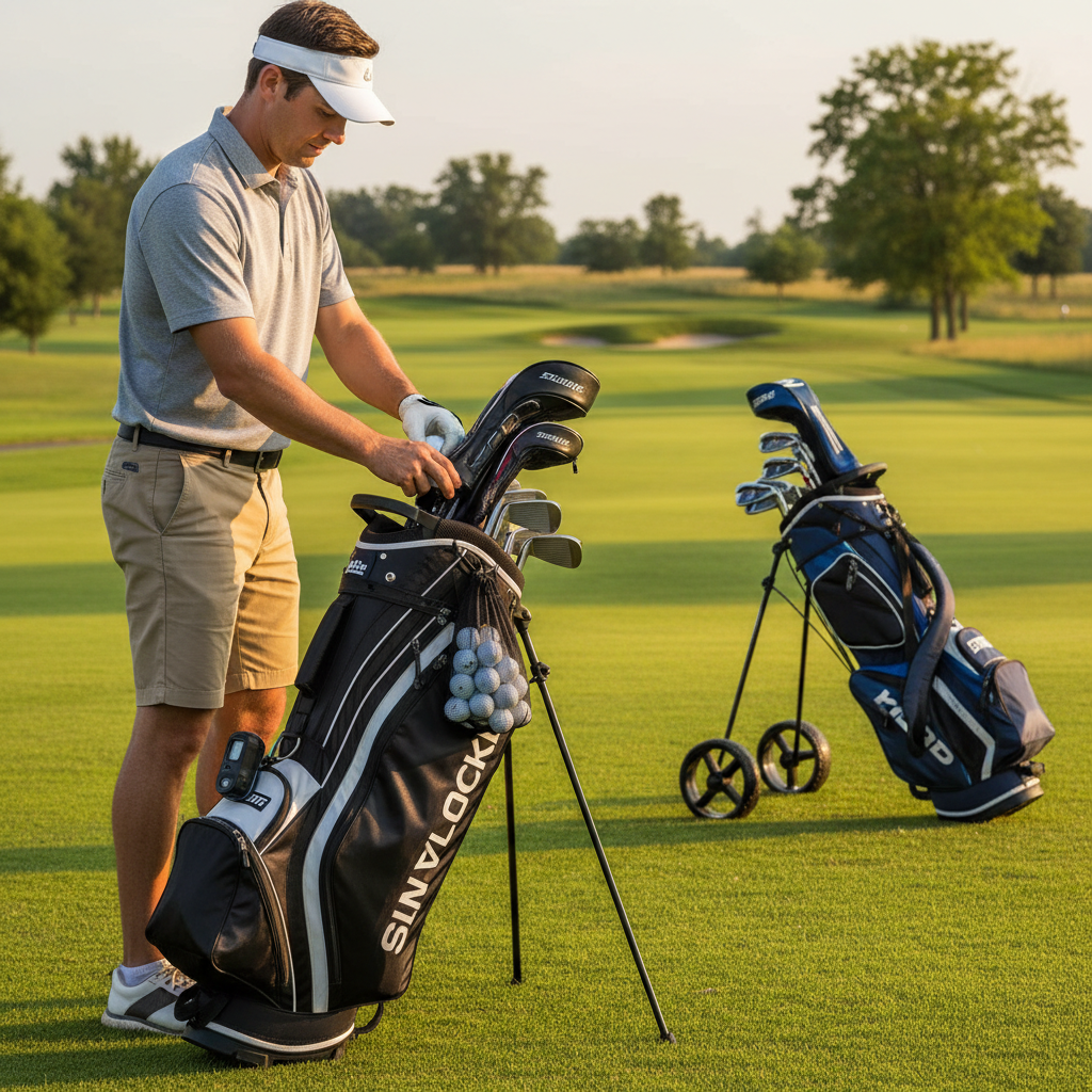 Golfer pulling golf ball from mesh pouch on golf bag on course