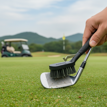 Golf club brush cleaner cleaning iron grooves on golf course