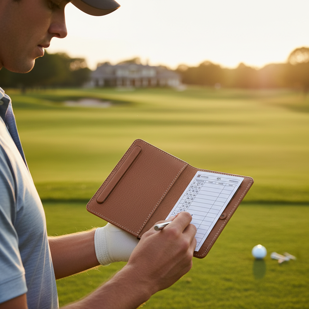 Golfer writing score in leather scorecard holder on golf course