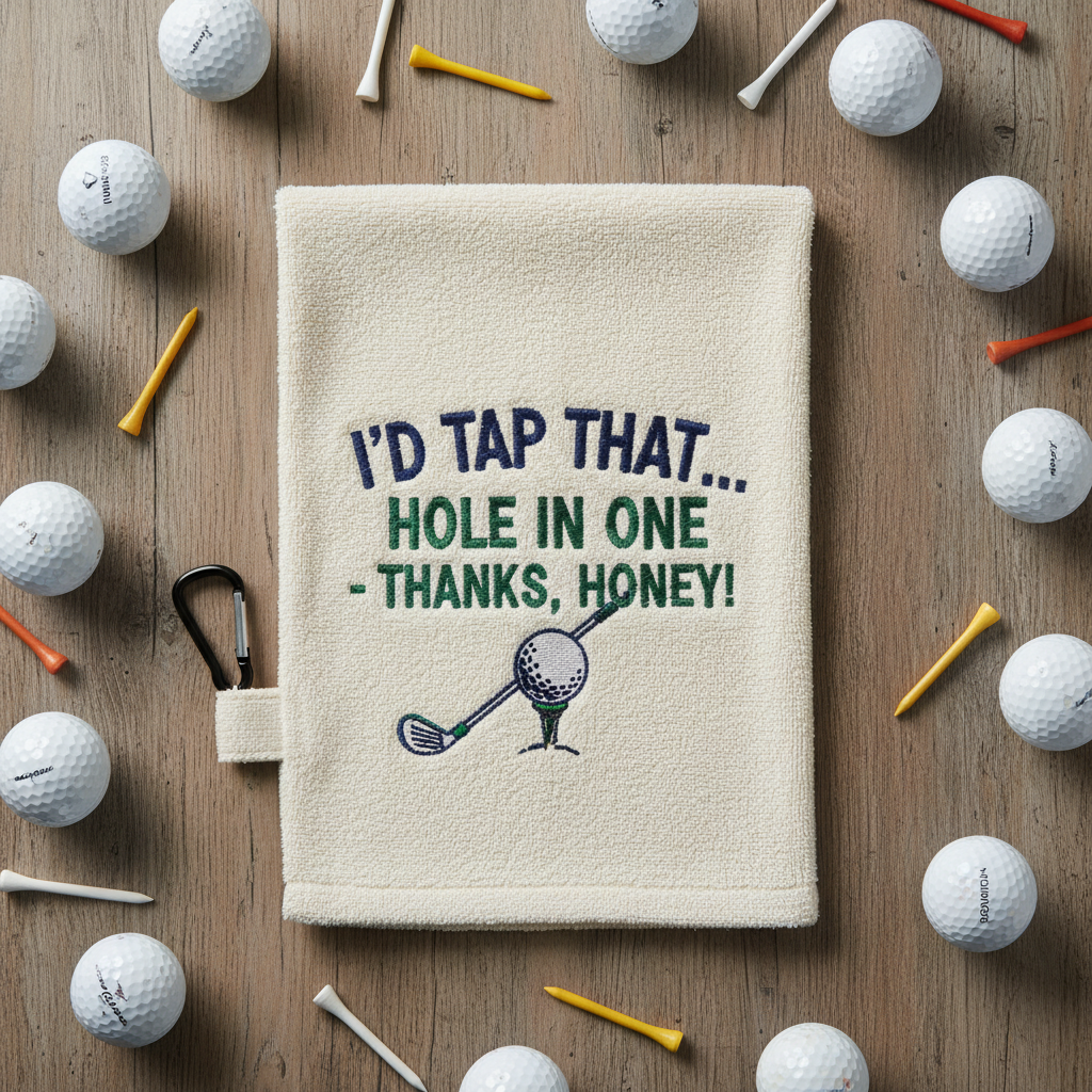 Flat lay of husband golf towel with carabiner clip and golf accessories