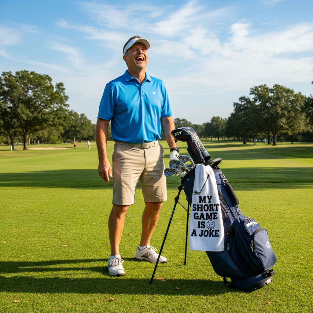 Man laughing on golf course with funny towel clipped to his bag