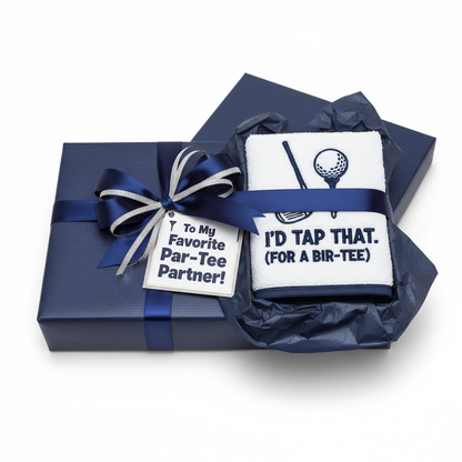 Husband golf towel in navy gift box with ribbon