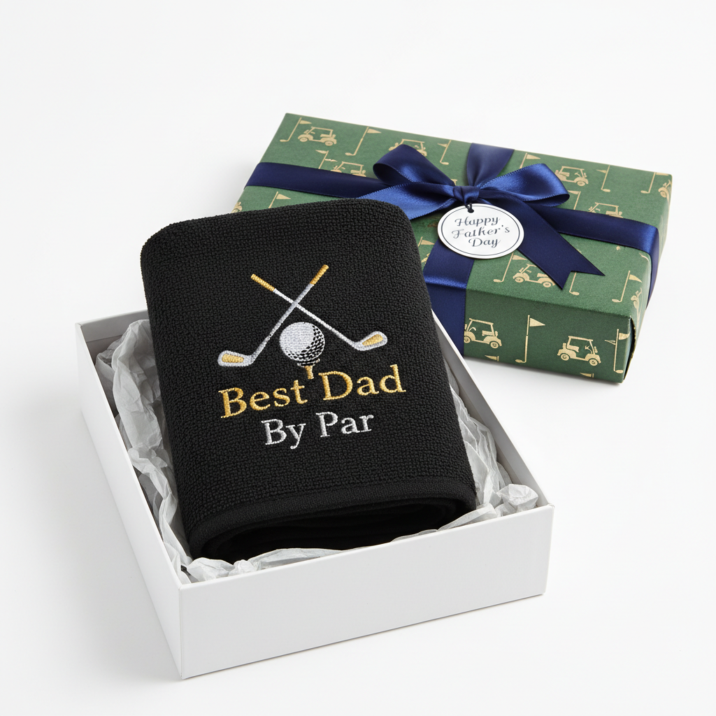 Dad golf towel presented as gift in box with tissue paper