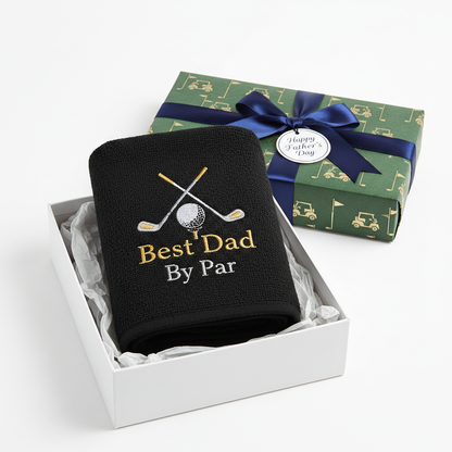 Dad golf towel presented as gift in box with tissue paper