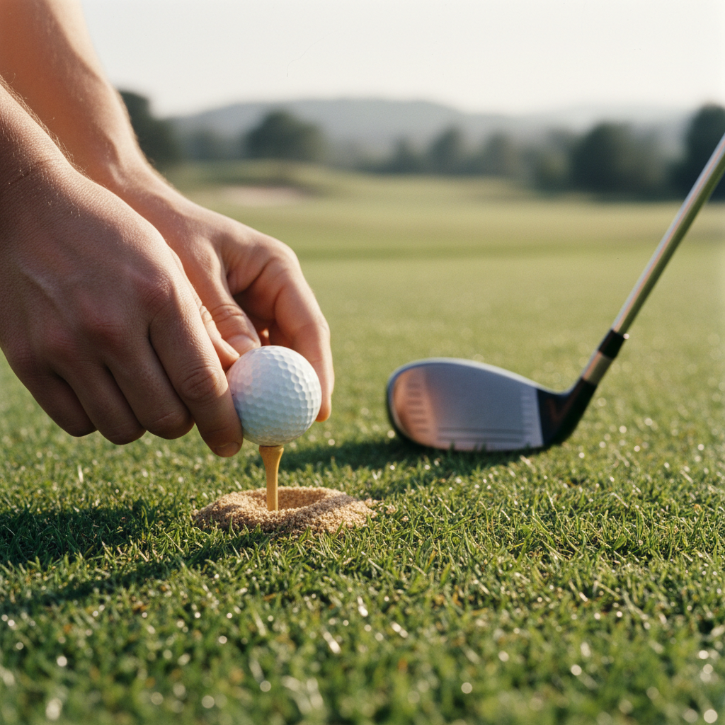 Golfer teeing up golf ball on wooden tee on lush golf course