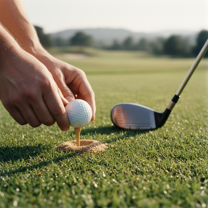 Golfer teeing up golf ball on wooden tee on lush golf course
