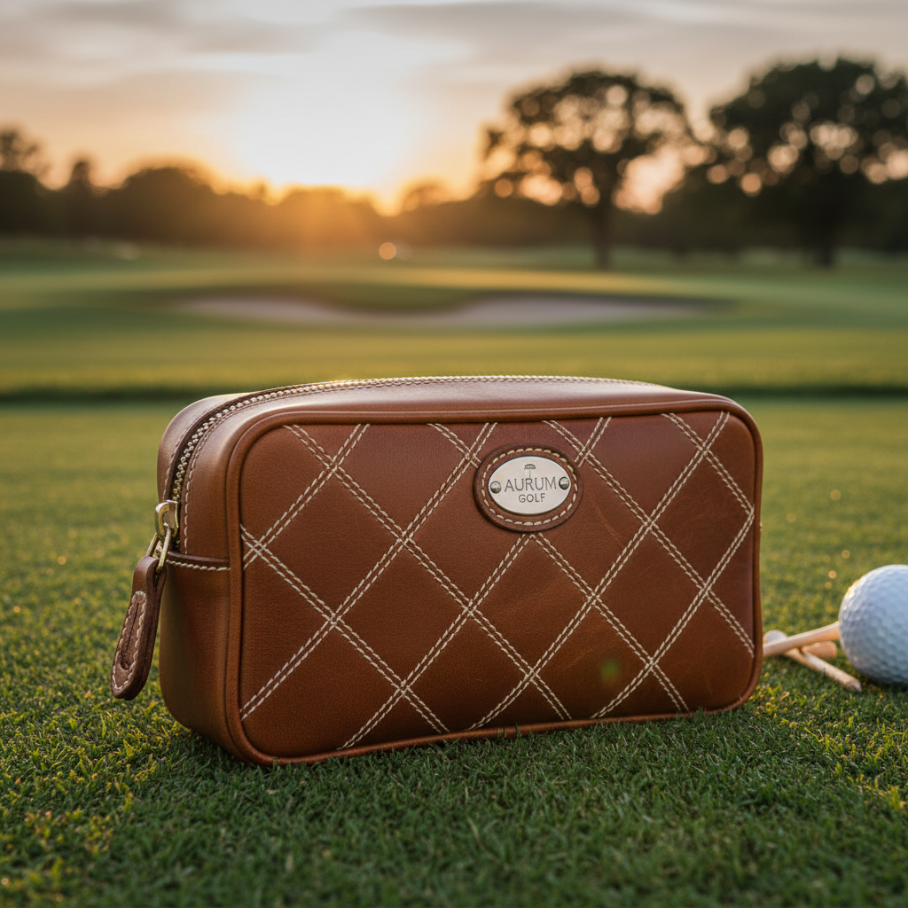 Closed premium leather golf accessories case on golf course