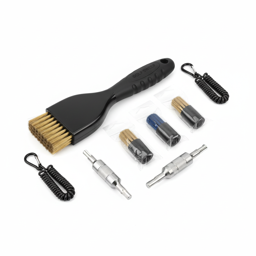 Complete golf club brush kit flat lay with replacement heads and clips
