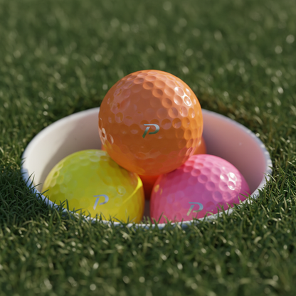 Colored golf balls in yellow orange and pink resting in putting cup