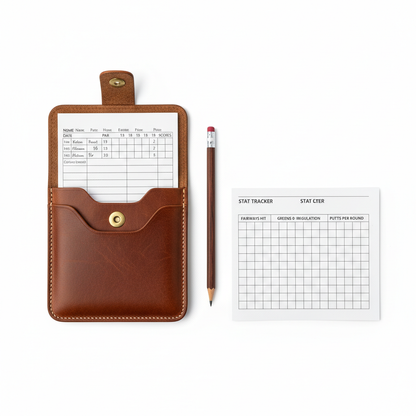 Leather scorecard holder open with scorecard, pencil and stat tracker