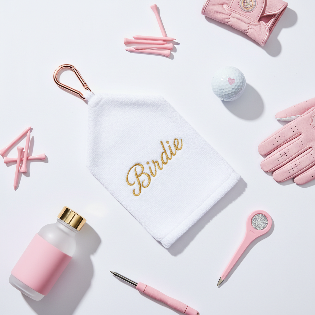 Flat lay of Birdie women's golf towel with pink tees and golf ball