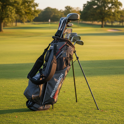 Prosimmon DRK lightweight golf stand bag on fairway at golden hour