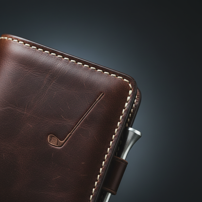 Close-up of premium leather scorecard holder stitching and grain detail