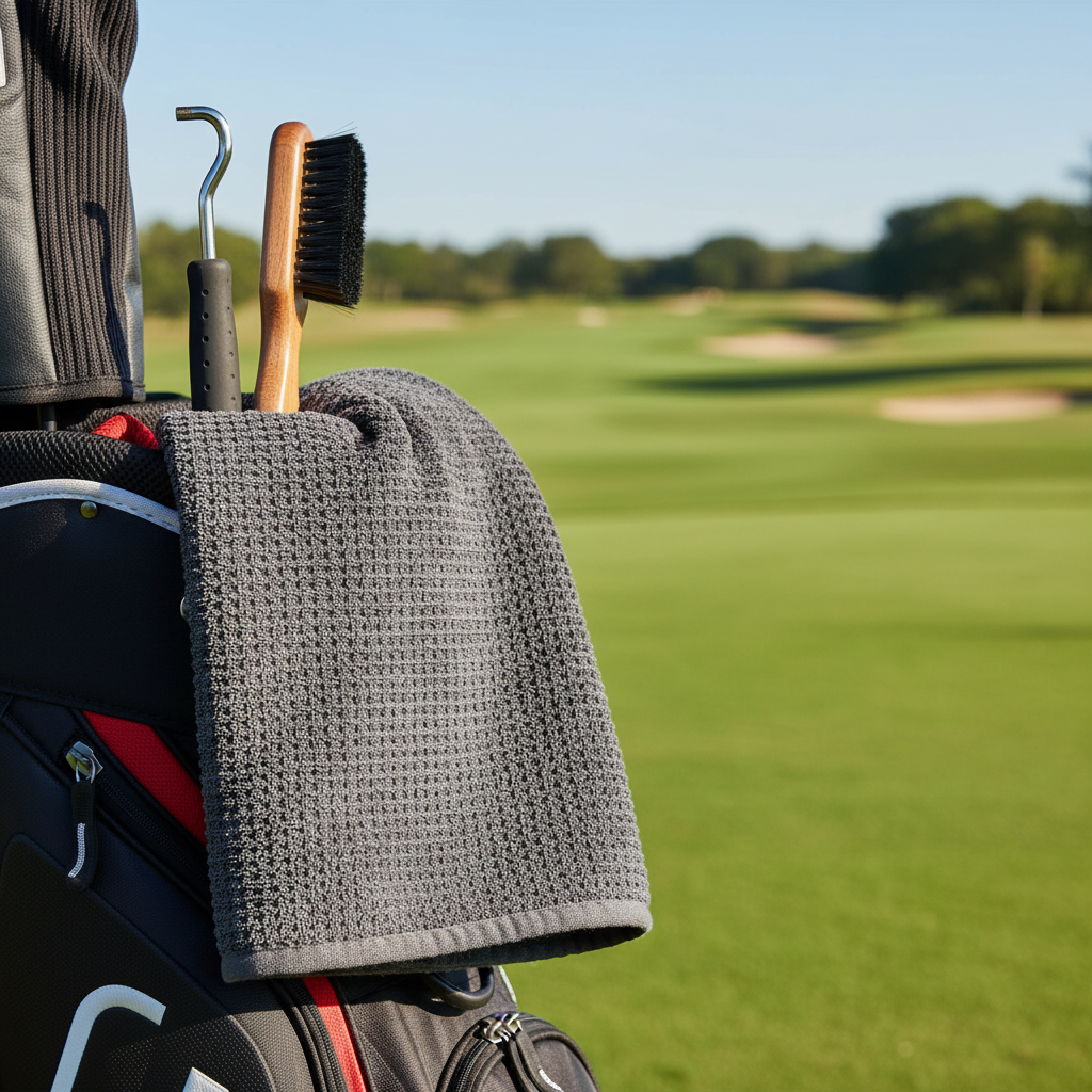 Microfiber waffle golf towel with brush kit on golf bag
