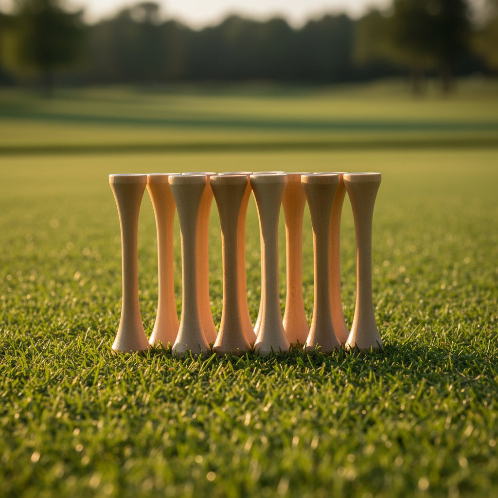 Professional wooden golf tees fanned out on golf course