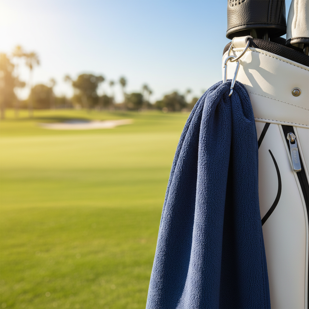 Soft microfiber golf towel clipped to golf bag on sunny course