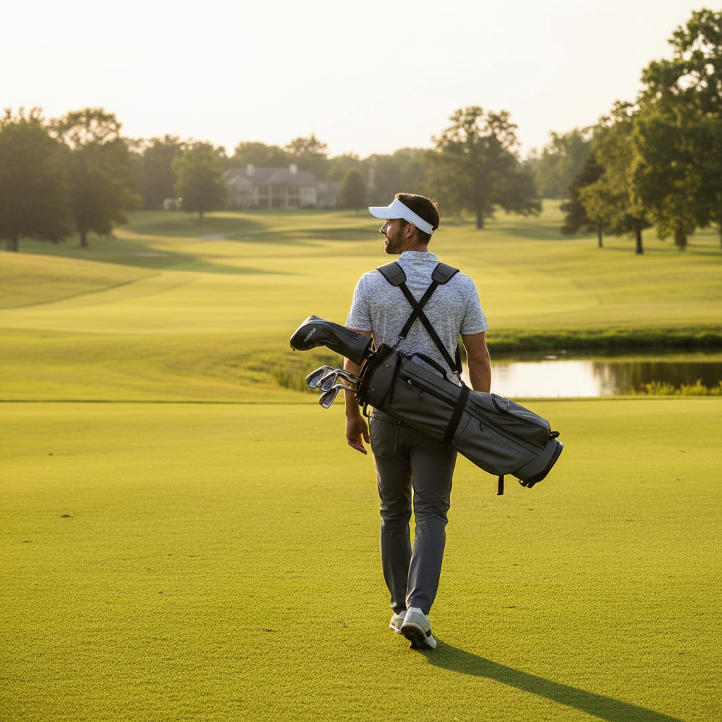 Golfer carrying lightweight stand bag with dual straps on sunny course