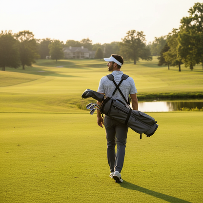 Golfer carrying lightweight stand bag with dual straps on sunny course