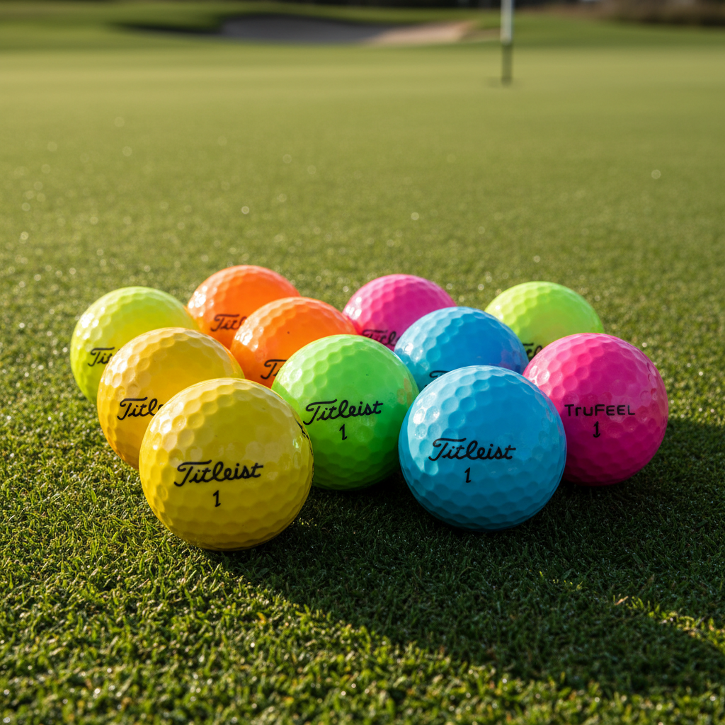 Titleist TruFeel colored golf balls on pristine golf course green